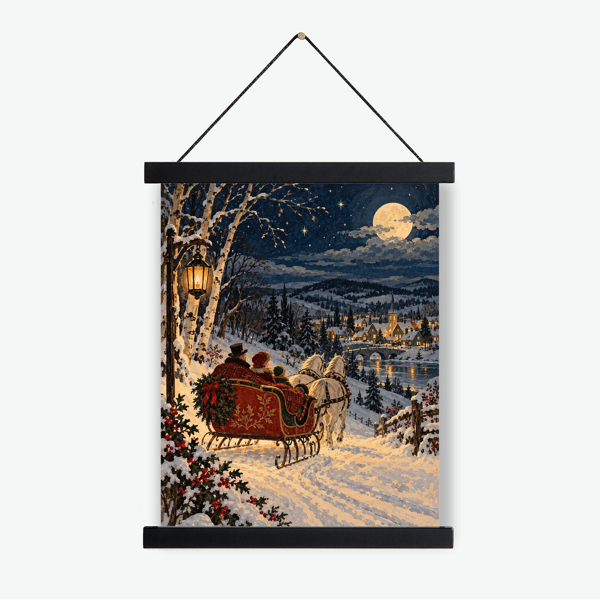Vintage Christmas Sleigh Art Print, Snowy Village Wall, Victorian Winter Landscape, Holiday Home Decor