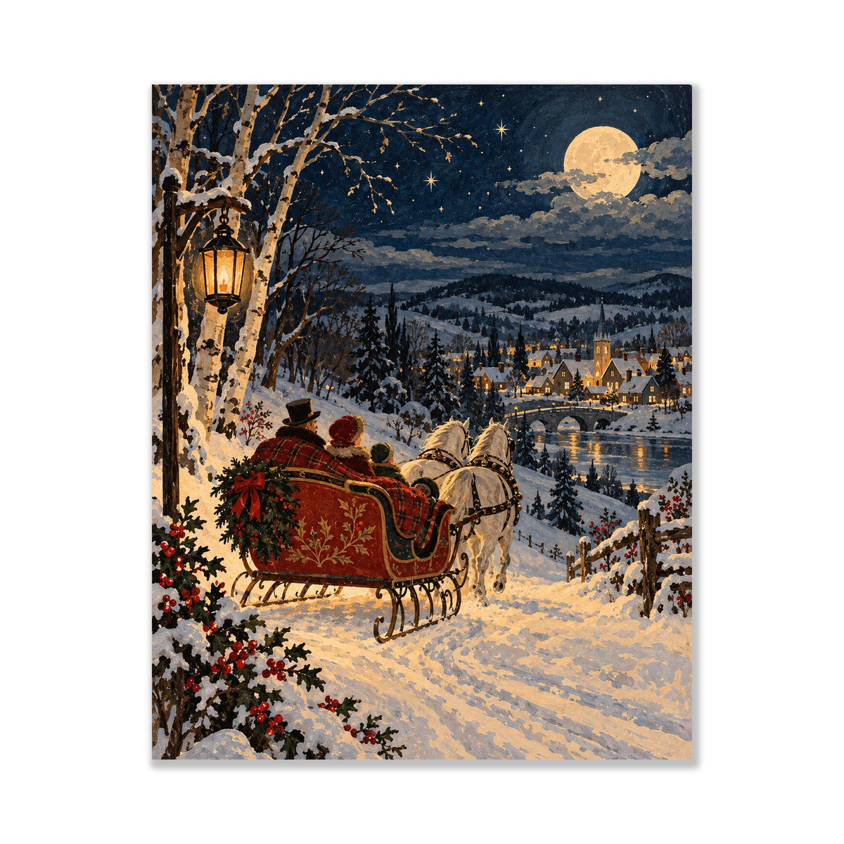 Vintage Christmas Sleigh Art Print, Snowy Village Wall, Victorian Winter Landscape, Holiday Home Decor