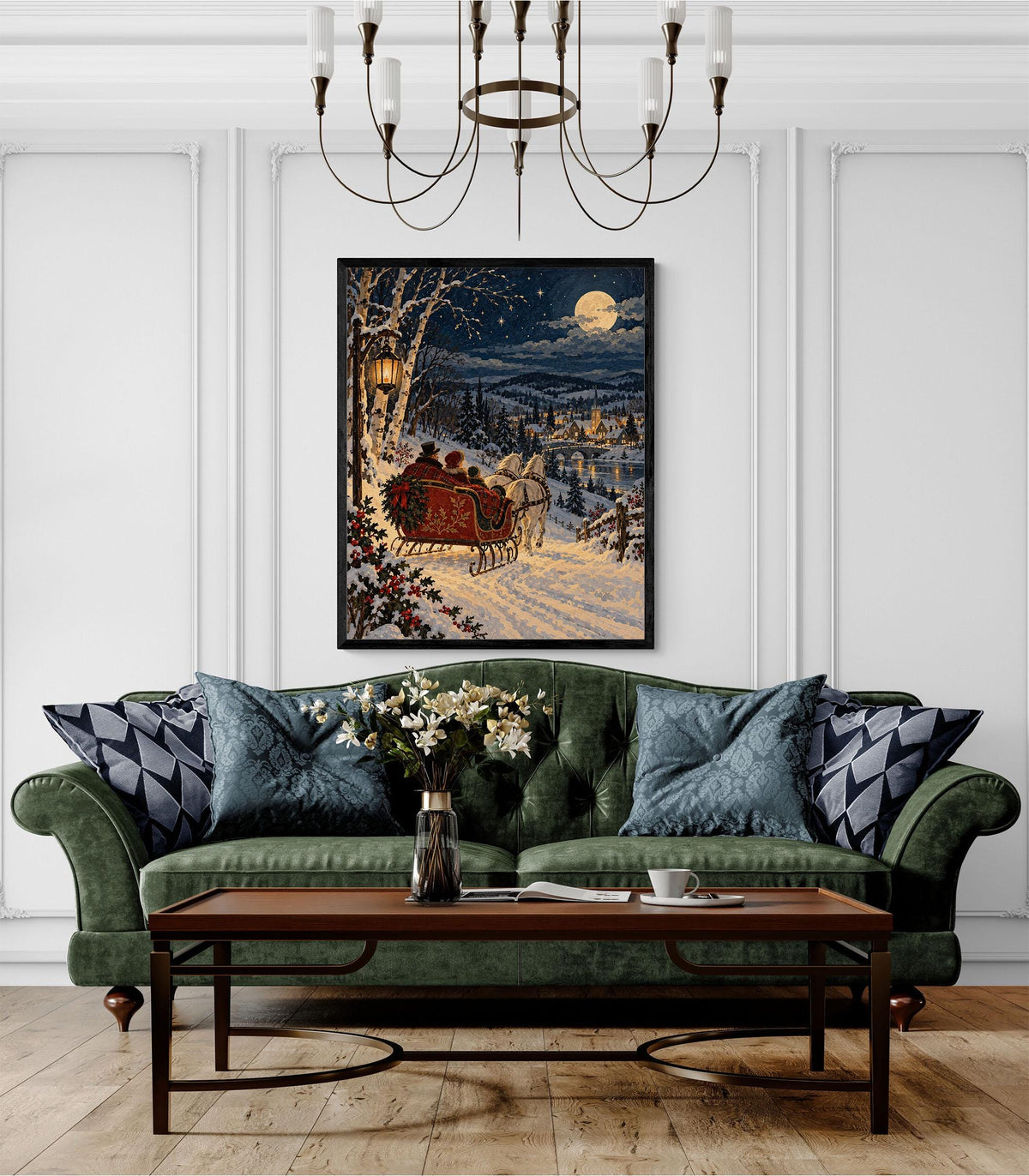 Vintage Christmas Sleigh Art Print, Snowy Village Wall, Victorian Winter Landscape, Holiday Home Decor