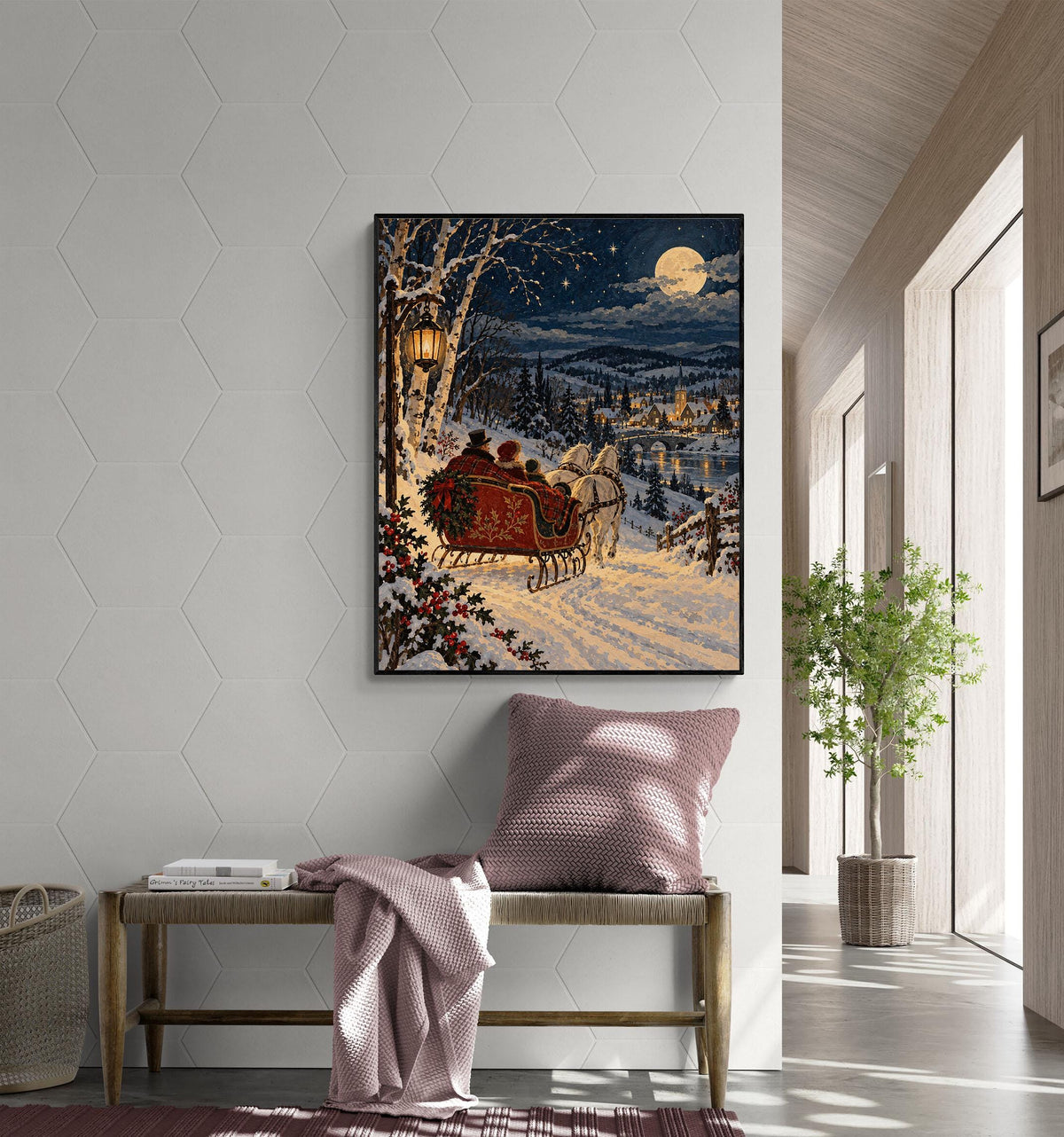 Vintage Christmas Sleigh Art Print, Snowy Village Wall, Victorian Winter Landscape, Holiday Home Decor