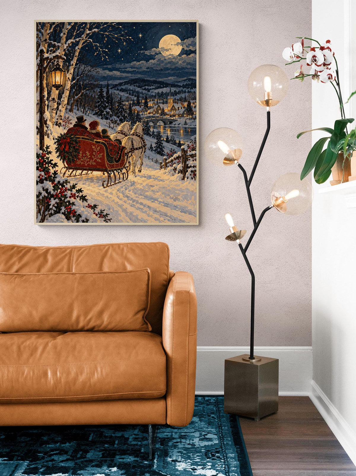 Vintage Christmas Sleigh Art Print, Snowy Village Wall, Victorian Winter Landscape, Holiday Home Decor