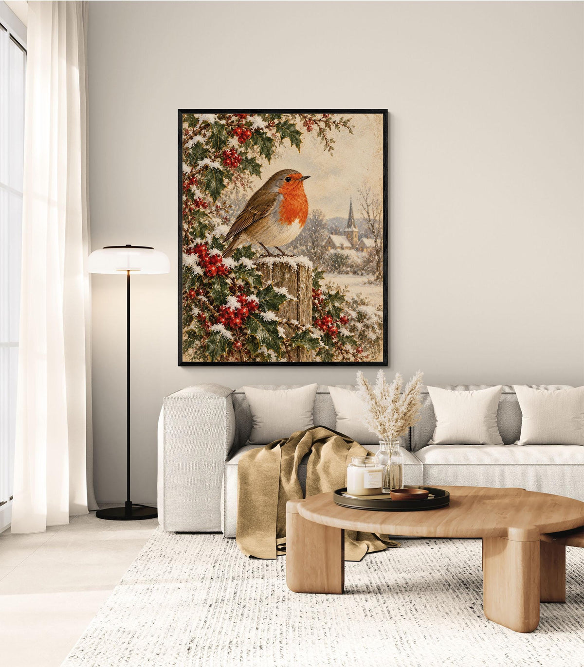Christmas Robin Art Print, Vintage Christmas Bird Wall, Winter Holly and Berries, Landscape, Holiday Home Decor
