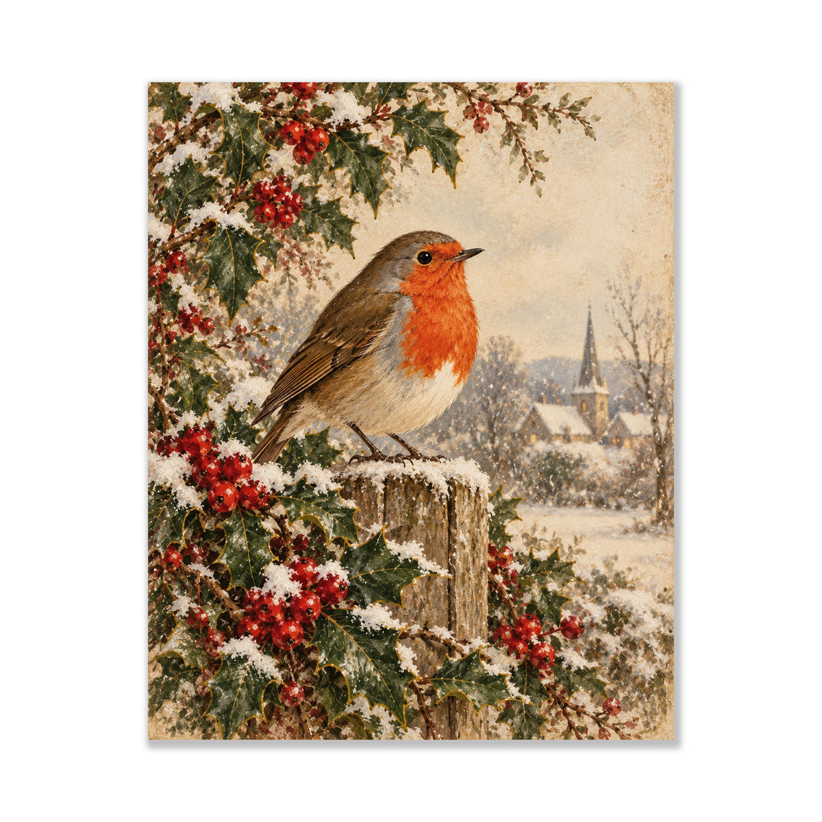 Christmas Robin Art Print, Vintage Christmas Bird Wall, Winter Holly and Berries, Landscape, Holiday Home Decor
