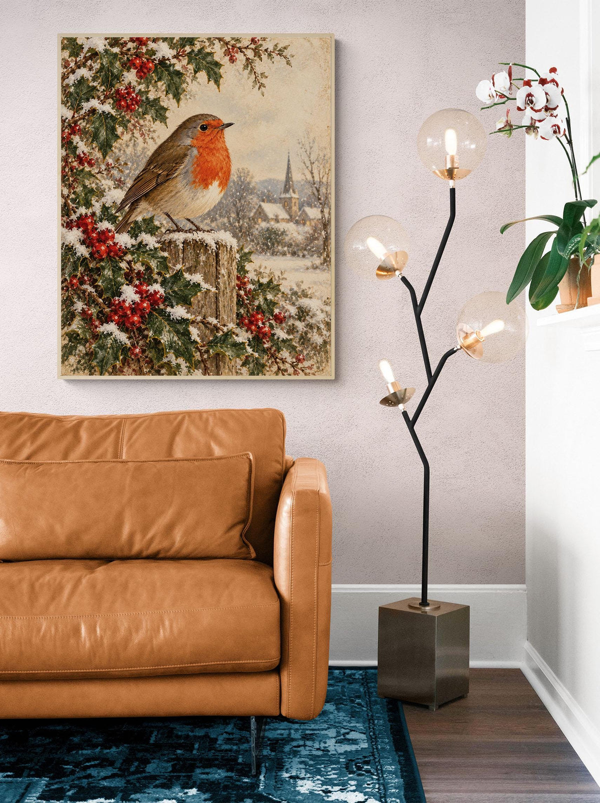 Christmas Robin Art Print, Vintage Christmas Bird Wall, Winter Holly and Berries, Landscape, Holiday Home Decor