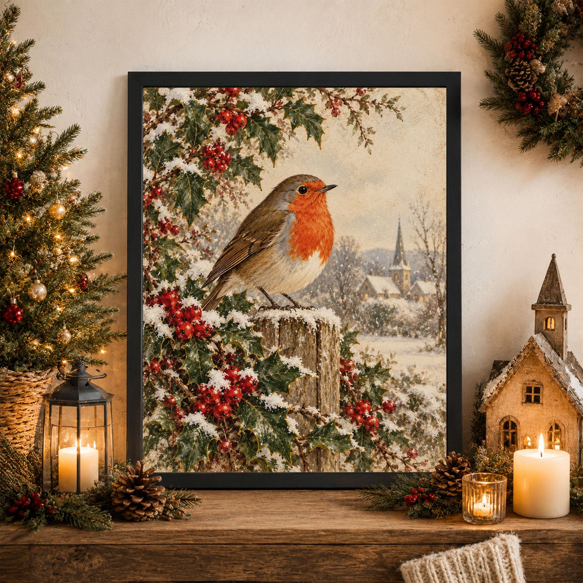 Christmas Robin Art Print, Vintage Christmas Bird Wall, Winter Holly and Berries, Landscape, Holiday Home Decor