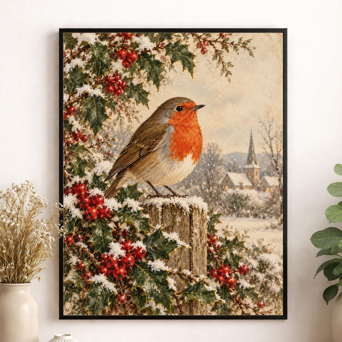 Christmas Robin Art Print, Vintage Christmas Bird Wall, Winter Holly and Berries, Landscape, Holiday Home Decor