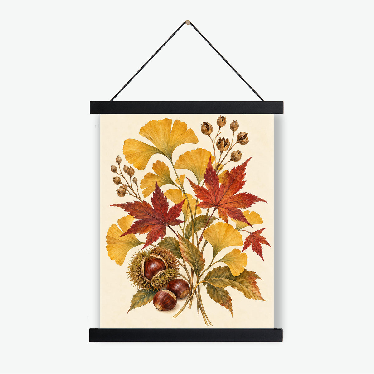 Golden Ginkgo & Maple Art Print | Autumn Botanical | Fall Leaves and Chestnuts | Wall Home Decor