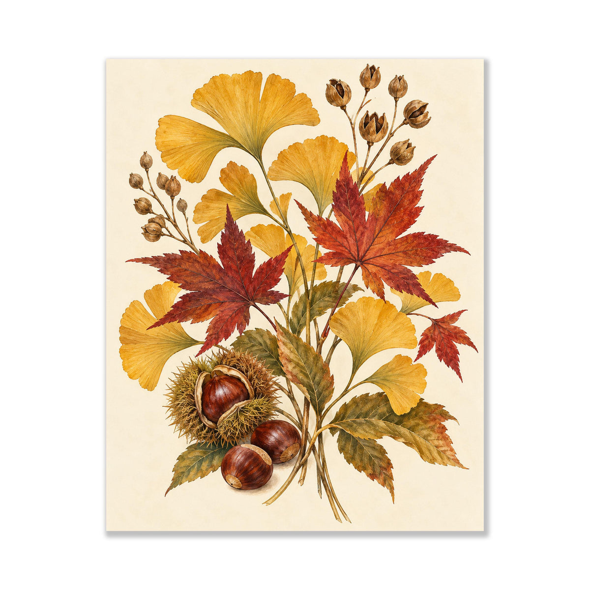 Golden Ginkgo & Maple Art Print | Autumn Botanical | Fall Leaves and Chestnuts | Wall Home Decor