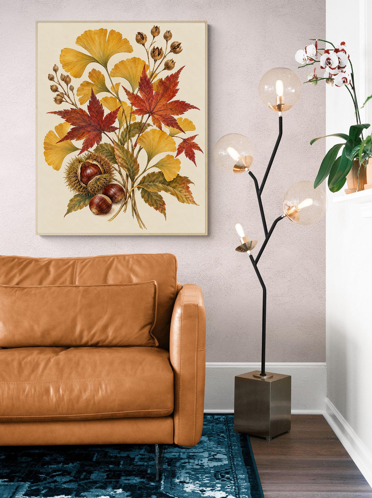 Golden Ginkgo & Maple Art Print | Autumn Botanical | Fall Leaves and Chestnuts | Wall Home Decor