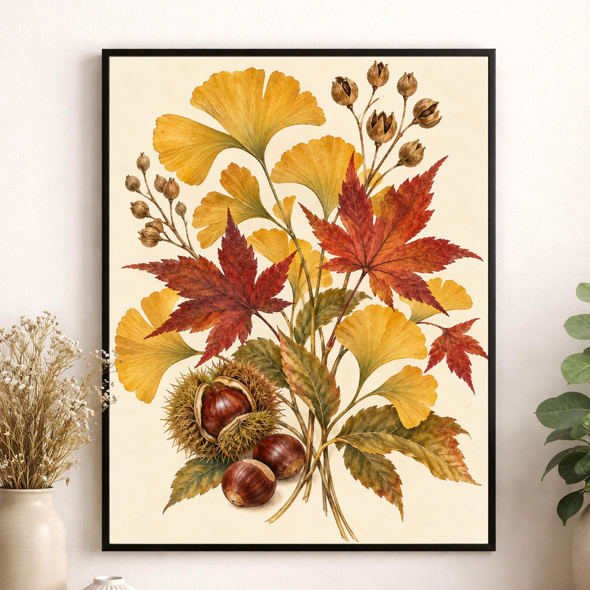 Golden Ginkgo & Maple Art Print | Autumn Botanical | Fall Leaves and Chestnuts | Wall Home Decor