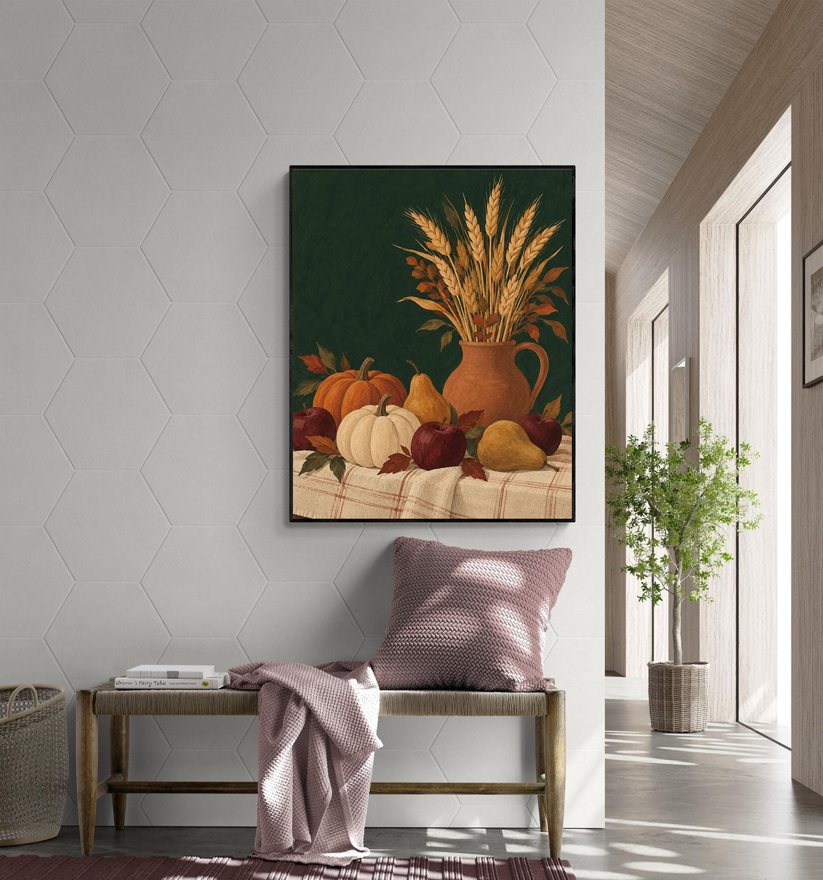 Harvest Table Art Print | Pumpkin and Pear Still Life | Autumn Kitchen and Dining Room Wall Home Decor