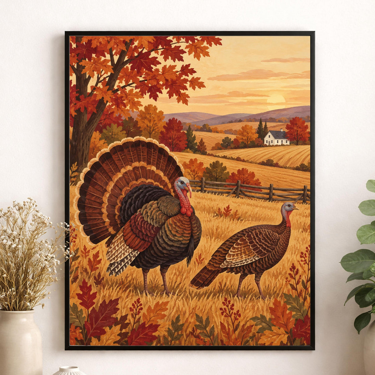 Autumn Countryside Landscape Art Print | Turkey Farm | Vintage Fall | Home Decor