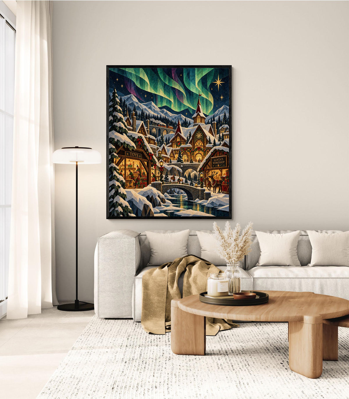 Santa's North Pole Village Art Print, Holiday Wall Artwork, Aurora Borealis Christmas Home Decor