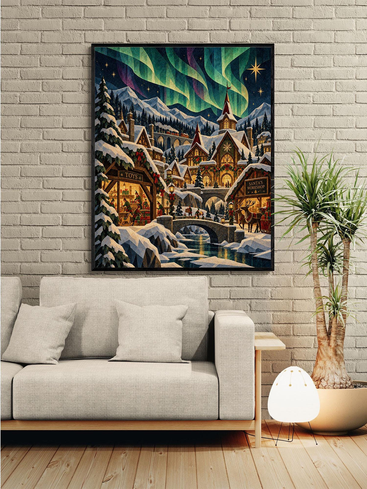Santa's North Pole Village Art Print, Holiday Wall Artwork, Aurora Borealis Christmas Home Decor