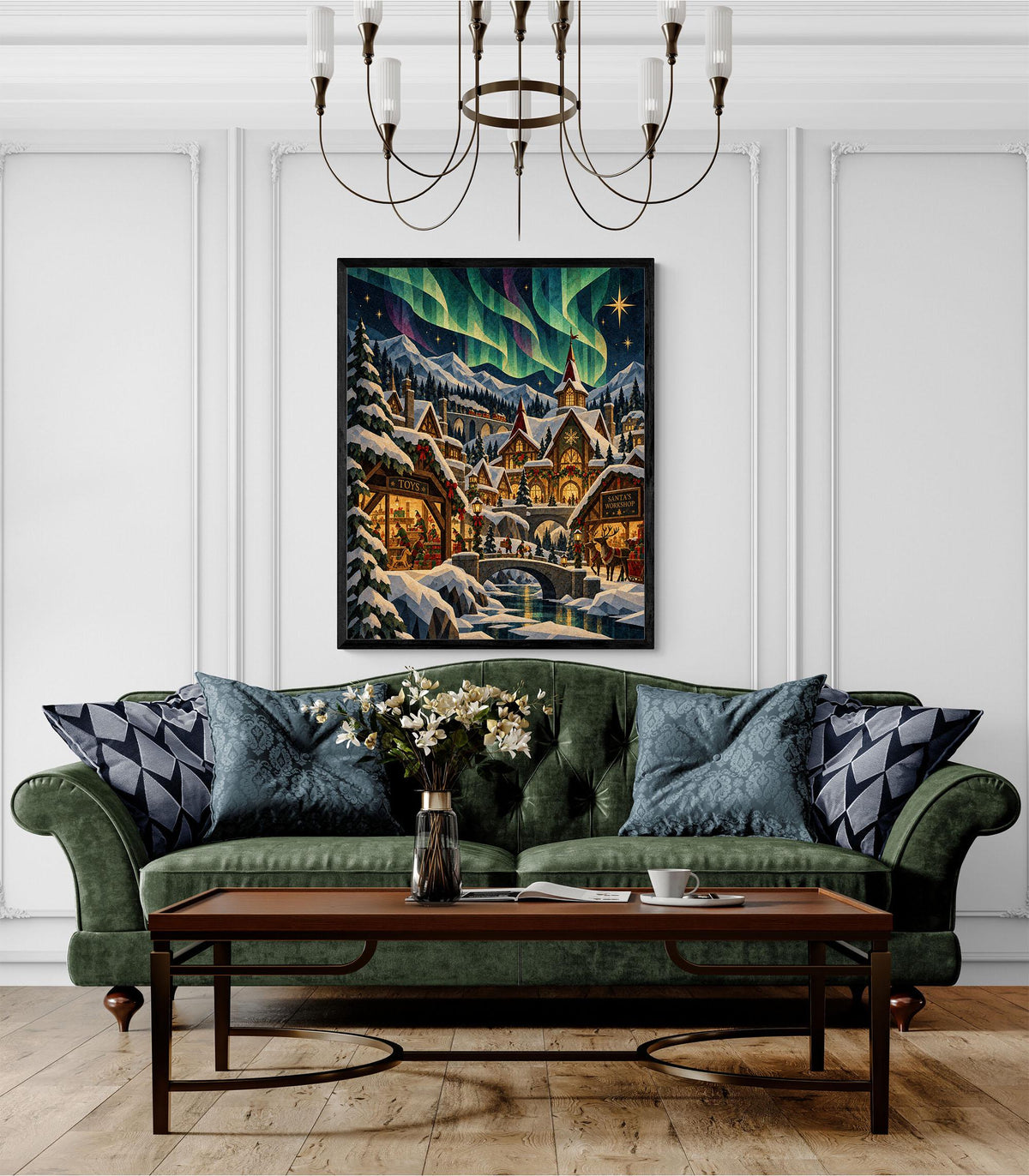 Santa's North Pole Village Art Print, Holiday Wall Artwork, Aurora Borealis Christmas Home Decor