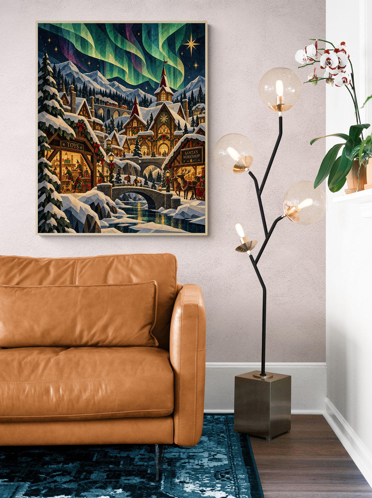 Santa's North Pole Village Art Print, Holiday Wall Artwork, Aurora Borealis Christmas Home Decor