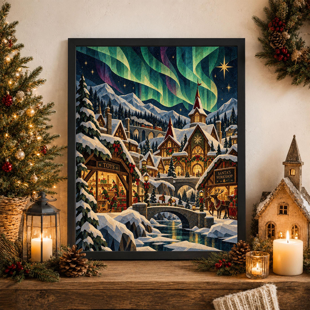Santa's North Pole Village Art Print, Holiday Wall Artwork, Aurora Borealis Christmas Home Decor