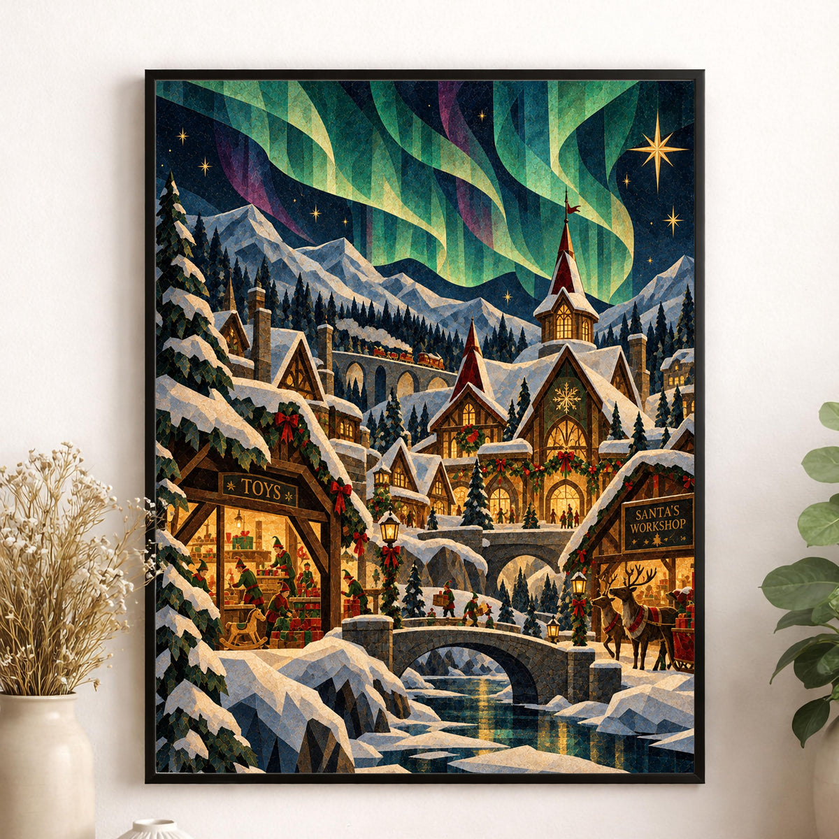 Santa's North Pole Village Art Print, Holiday Wall Artwork, Aurora Borealis Christmas Home Decor