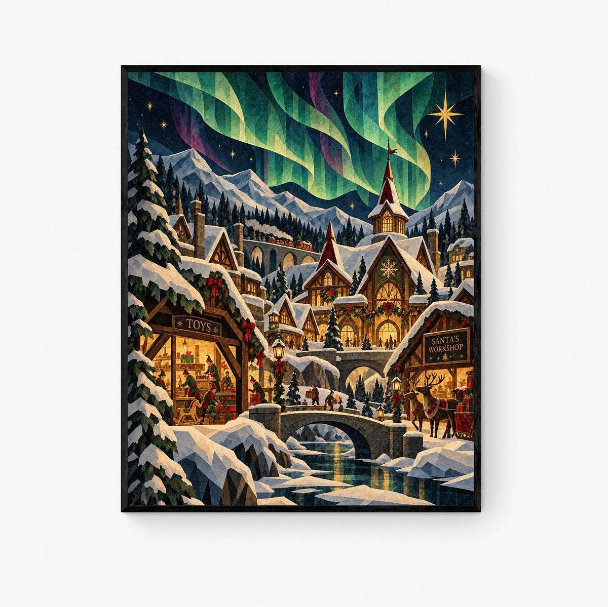Santa's North Pole Village Art Print, Holiday Wall Artwork, Aurora Borealis Christmas Home Decor