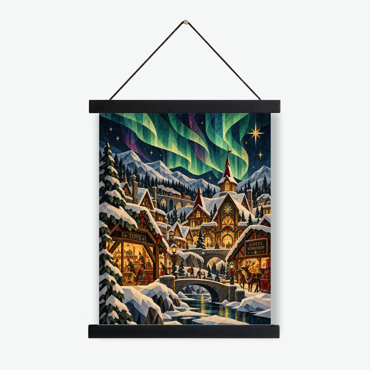 Santa's North Pole Village Art Print, Holiday Wall Artwork, Aurora Borealis Christmas Home Decor