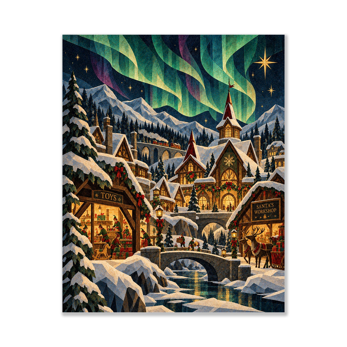 Santa's North Pole Village Art Print, Holiday Wall Artwork, Aurora Borealis Christmas Home Decor