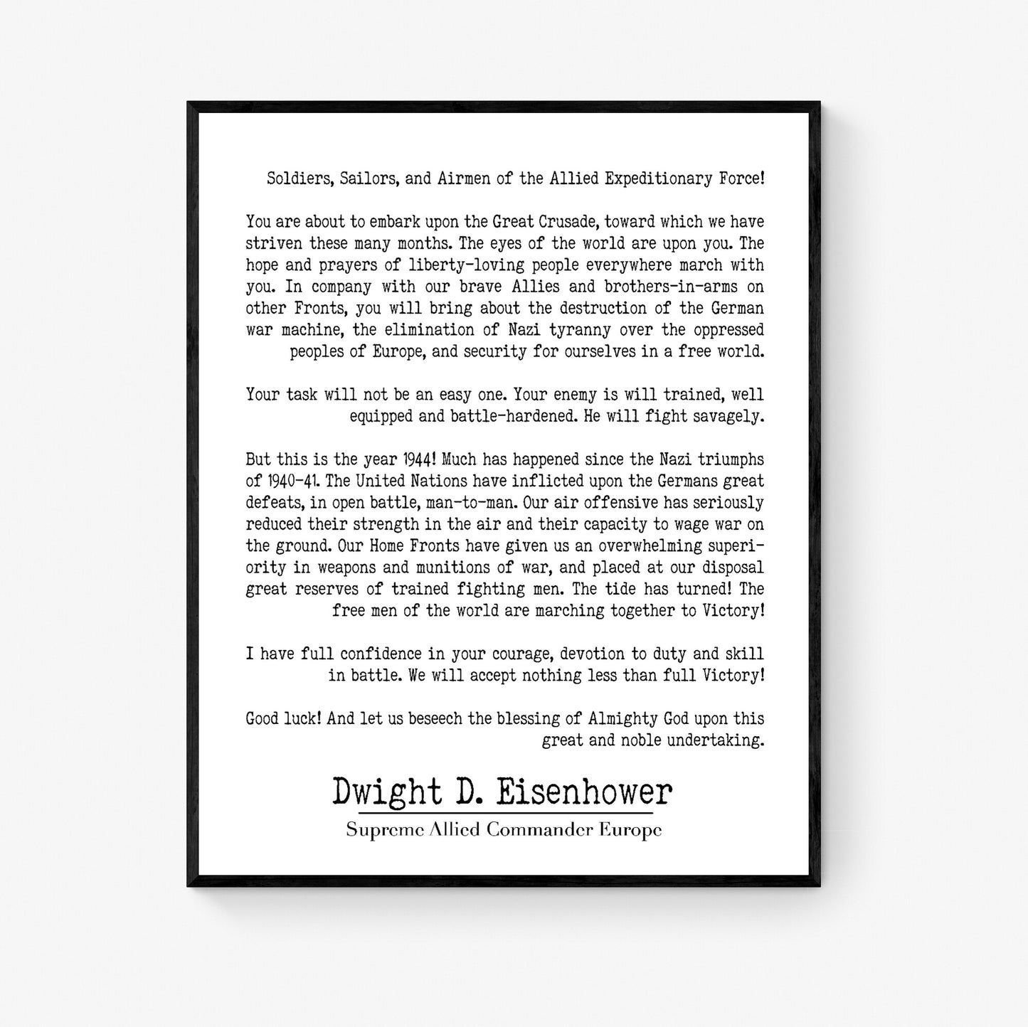 Eisenhower D-Day Order Art Print – WWII Military Typography Wall Art | Inspirational Historic Speech Poster | Home Decor Vintage-Style Gift