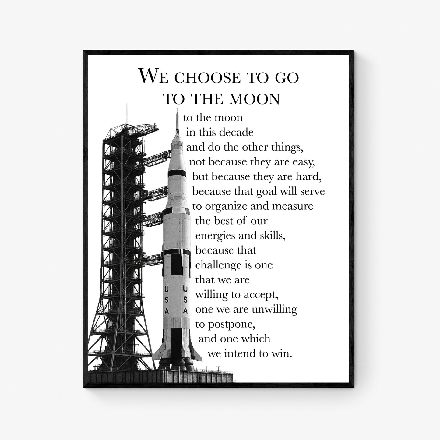 JFK Moon Speech Quote Art Print – We Choose to Go to the Moon | Saturn V Rocket | Inspirational NASA Space Wall Artwork | Home Decor Poster