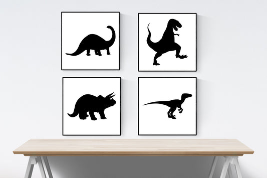 Dinosaurs Silhouettes 8"x8" Bundle of 4 Art Print Posters | Brachiosaurus, Triceratops, Tyrannosaurus Rex, Velociraptor | Jurassic Park