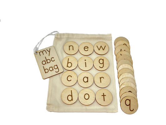 My ABC Bag | Uppercase and Lowercase Letters | Wooden Game | Montessori | Early Education | Learning Alphabet | Spelling Toys | Burlap Bag