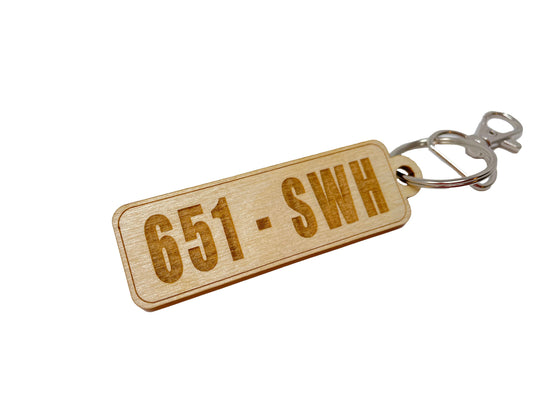 Custom License Plate Number Key Chain | Wood