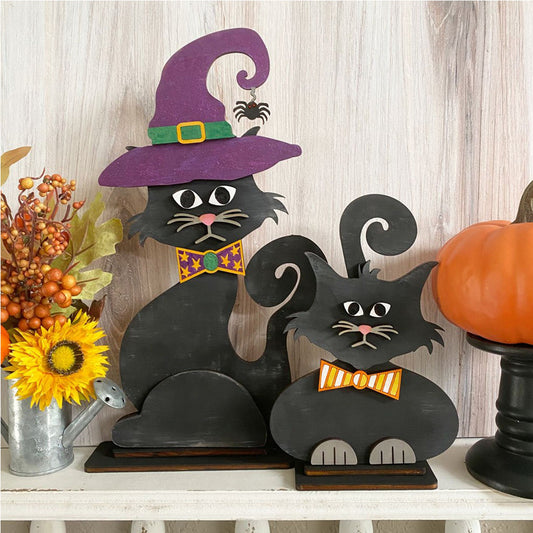 DIY Two Spooky Cats Shelf Sitters (Set of 2) | Halloween | Fall Decor | Do It Yourself | Size: 2.0x7.25x13.5 | Paint And Assembly Required