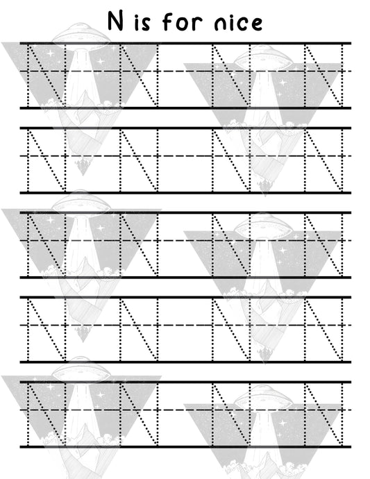 Digital Download | N Is For Nice | Primary Letter | Practice Writing Alphabet | Single Page PDF File | Print As Many As You Need