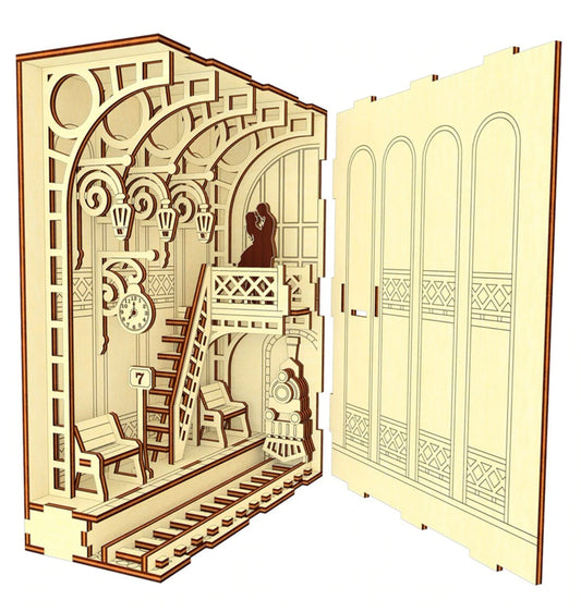 Railway Station With A Romantic Couple Scene | Assembly And Painting Required | Bookshelf Nook Insert
