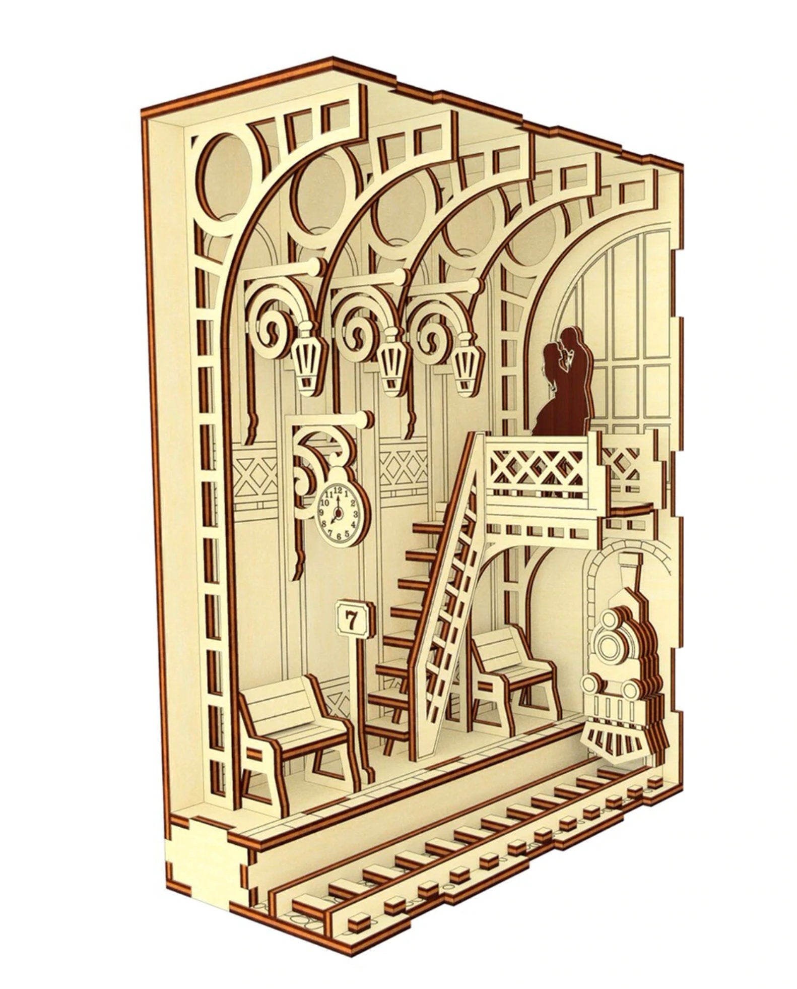 Railway Station With A Romantic Couple Scene | Assembly And Painting Required | Bookshelf Nook Insert