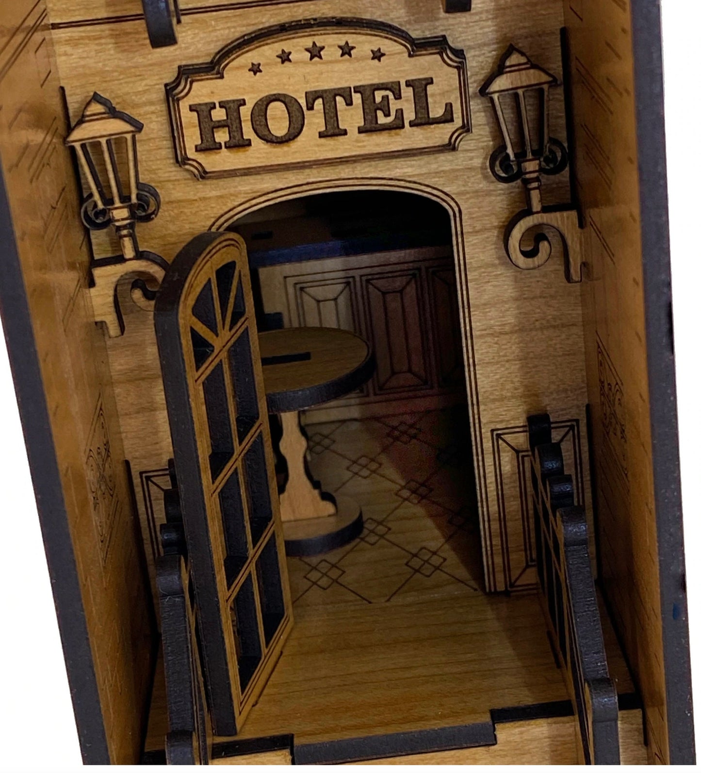 Book Nook Hotel with Decorative Balcony Scene | Assembly And Painting Required | Bookshelf Nook Insert