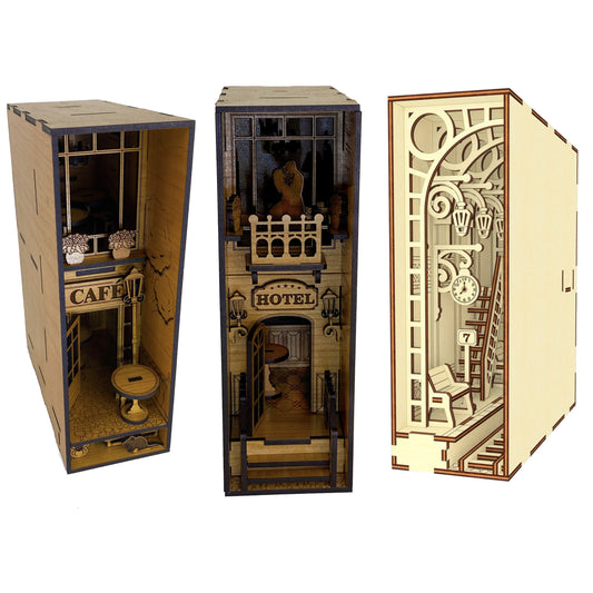 Set of 3 | Cafe Book Nook, Hotel, and Railway | Assembly And Painting Required | Bookshelf Nook Insert