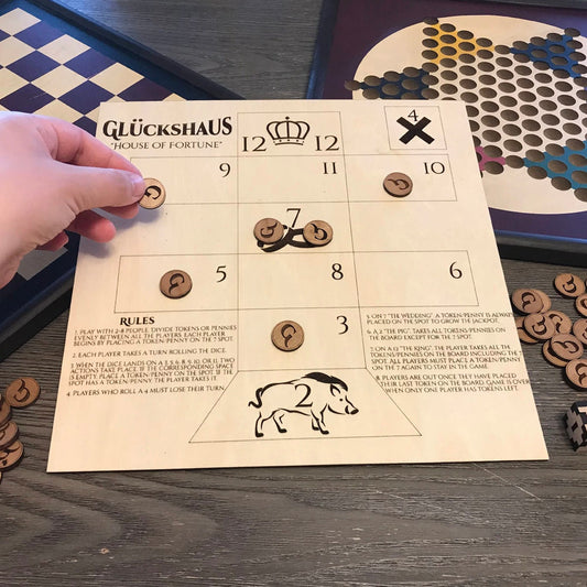 Classic Medieval Tavern Board Game | Gluckshaus | Wood | Dice & Coin Game