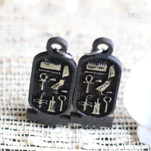 Tutankhamen, Ruler Of Heliopolis, The Northern City Of The Sun Earrings | Egyptian Hieroglyphs | Wood | Dangle Earring