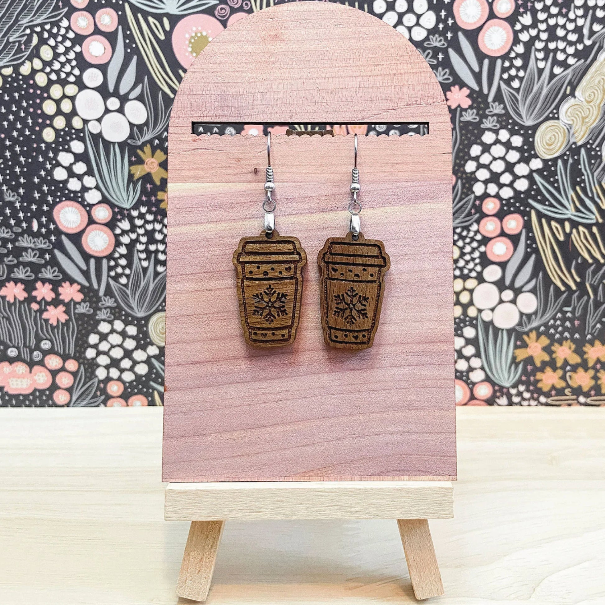 Winter Peppermint Coffee Earrings | Wood Coffee Shop | Dangle Earring