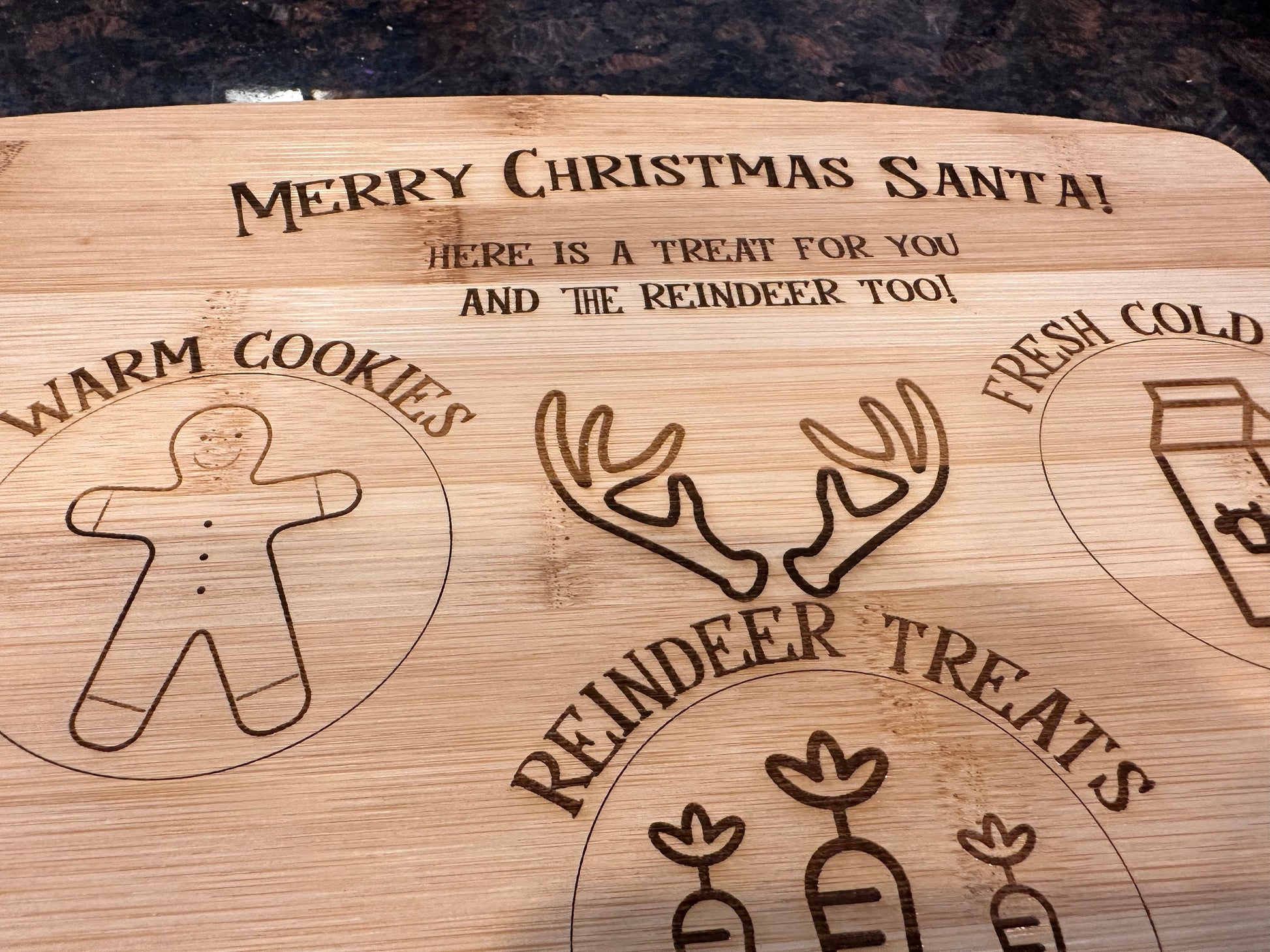 Santa Snacks For Christmas Eve | Merry Christmas Santa Claus | Cookies Milk Carrots | Reindeer | Children | Bamboo Cutting Board