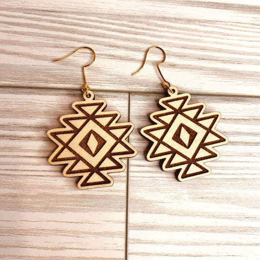 Aztec Pattern Boho Dangle Earrings | Wood | Dangle Earring