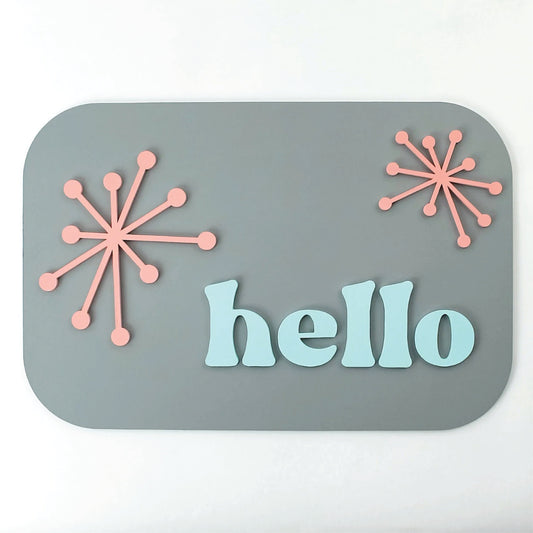 Retro Starburst Hello Wall Sign Rectangle Shelf Sitter | DIY Paint And Assembly | Wall Sign