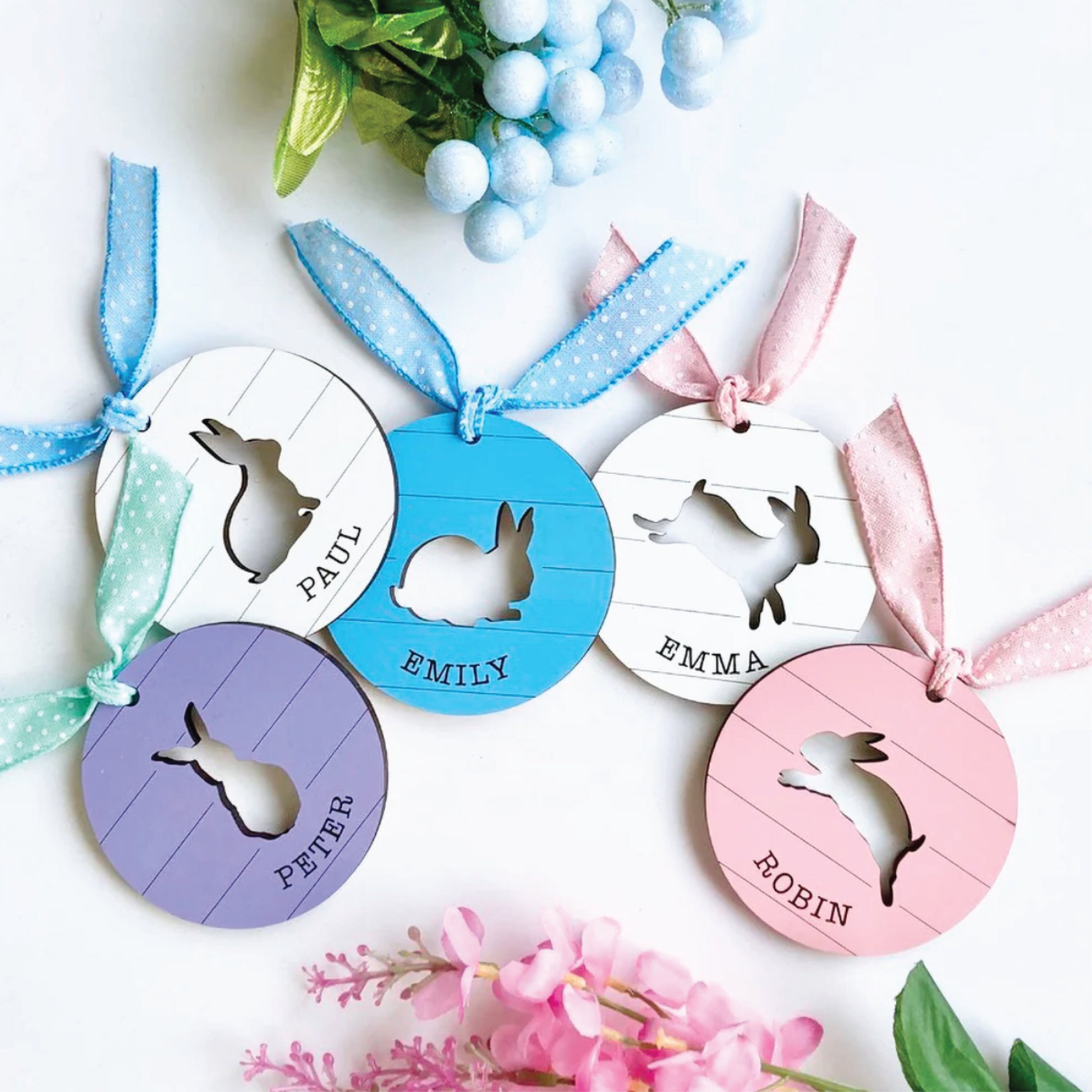 Easter Basket Shiplap Bunny Name Tags | Set of 5 | Dimensions: 3.5 x 3.5 in | Egg Hunt | Wood Home Decor