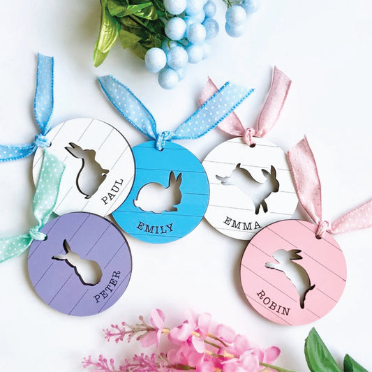 Easter Basket Shiplap Bunny Name Tags | Set of 5 | Dimensions: 3.5 x 3.5 in | Egg Hunt | Wood Home Decor