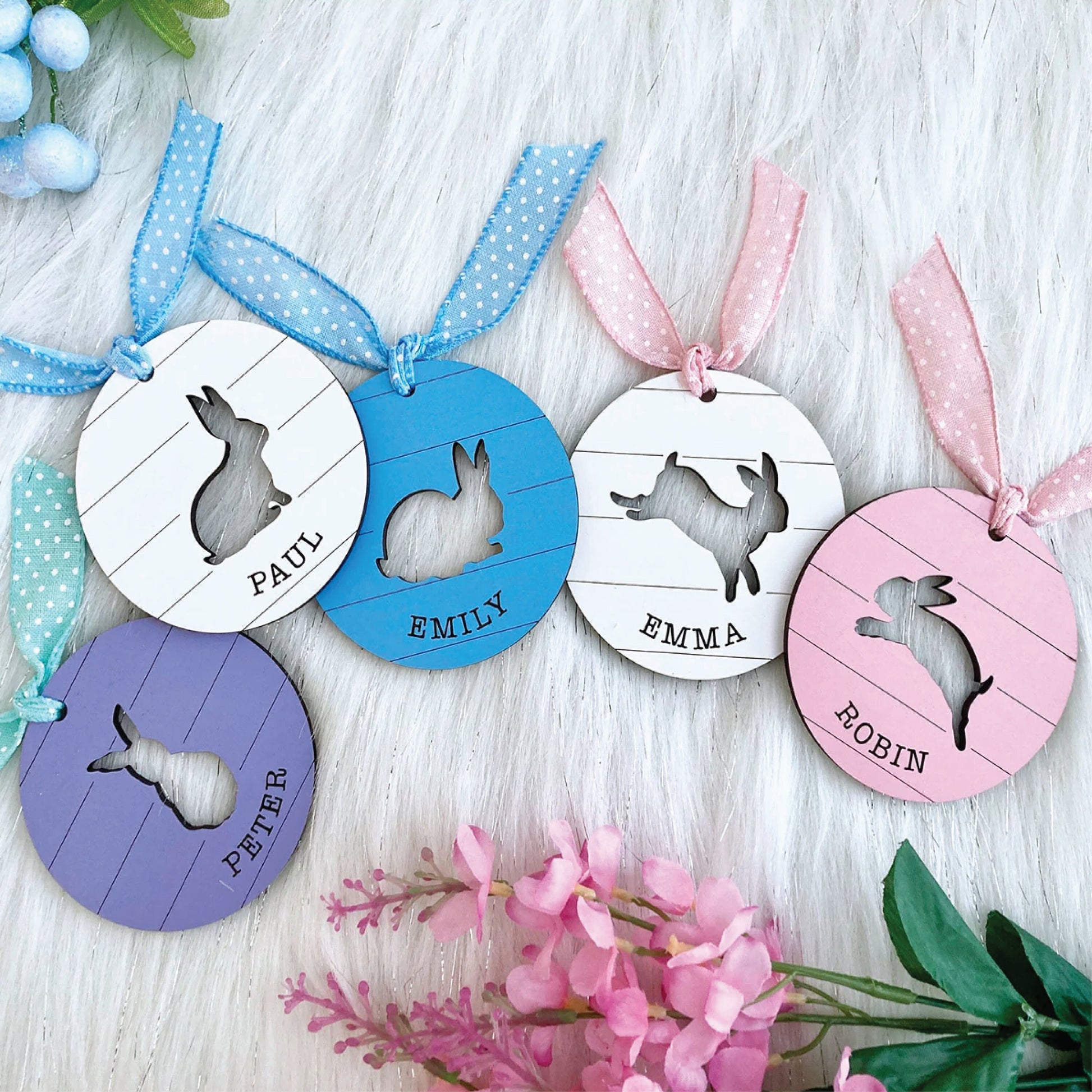 Easter Basket Shiplap Bunny Name Tags | Set of 5 | Dimensions: 3.5 x 3.5 in | Egg Hunt | Wood Home Decor