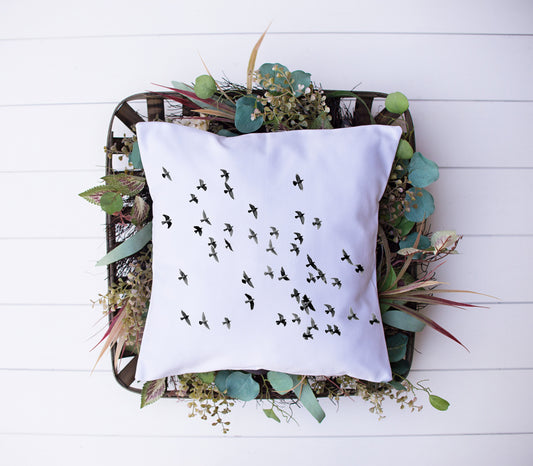 Black and White Bird Flock In Flight Decorative Pillow | Custom Designed | Made In The USA
