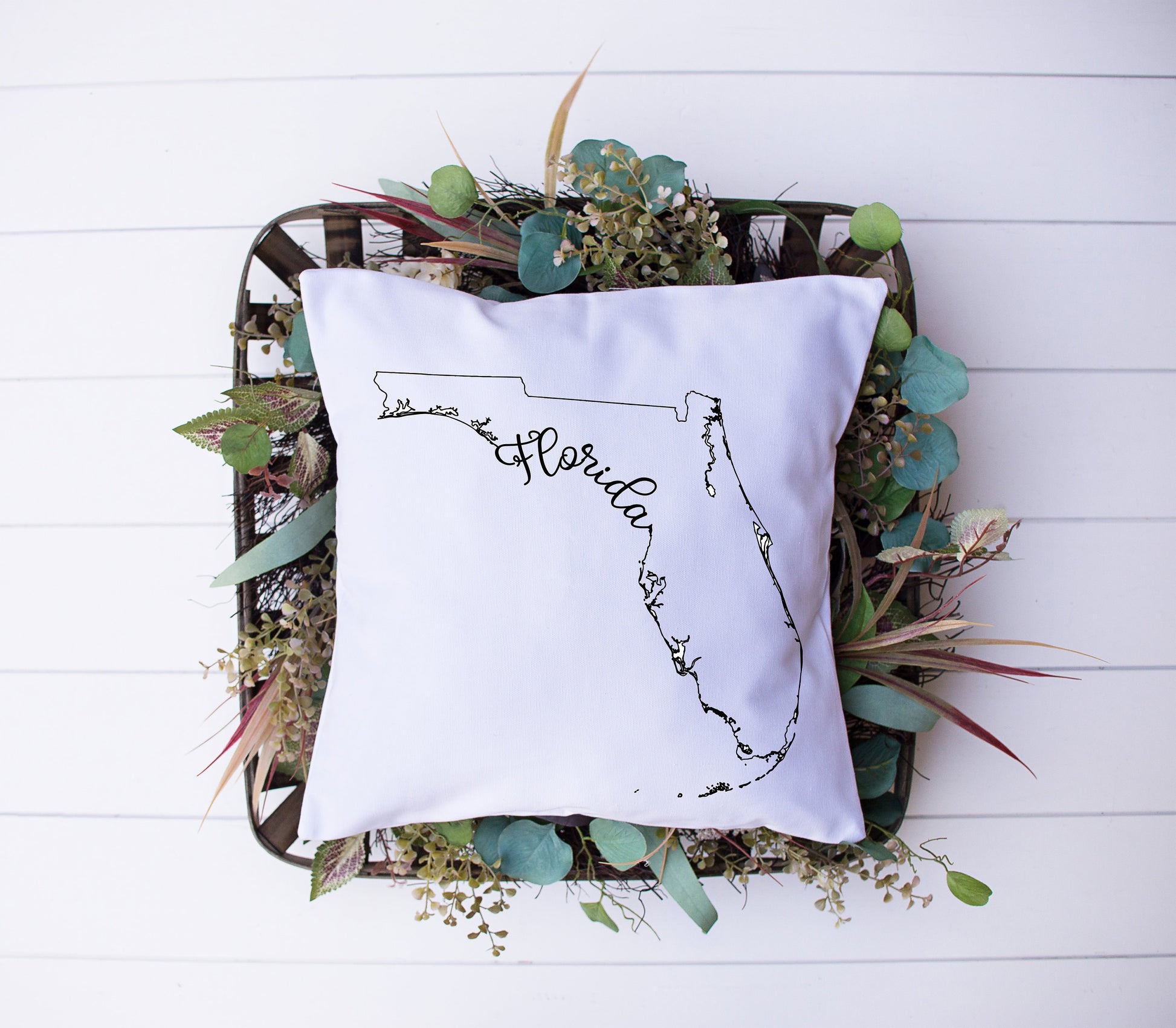 Map of Florida with Name Written In Calligraphy | Black and White Bird | Decorative Pillow | Custom Designed | Made In The USA