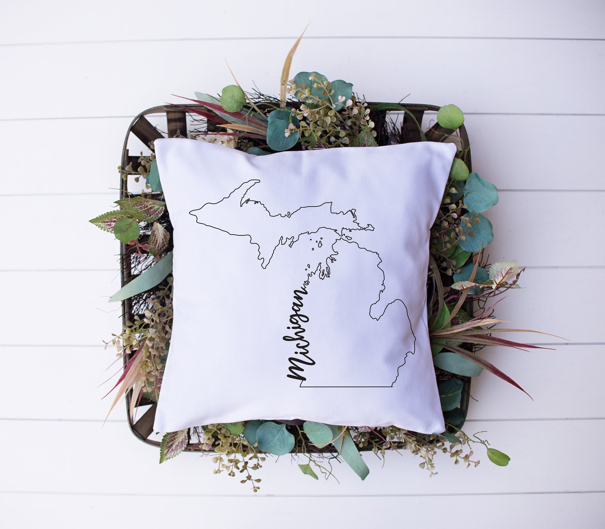 Map of Michigan with Name Written In Calligraphy | Black and White Bird | Decorative Pillow | Custom Designed | Made In The USA