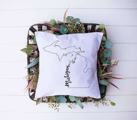 Map of Michigan with Name Written In Calligraphy | Black and White Bird | Decorative Pillow | Custom Designed | Made In The USA