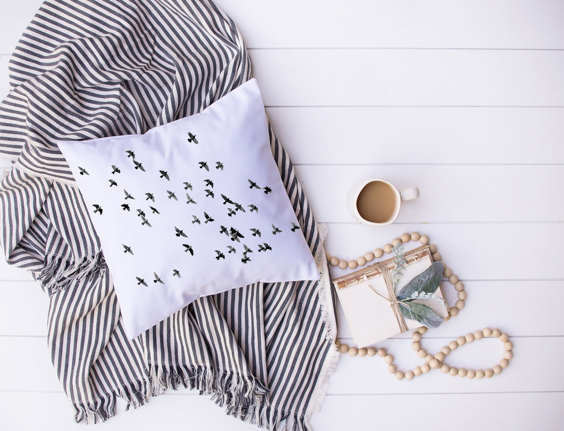 Black and White Bird Flock In Flight Decorative Pillow | Custom Designed | Made In The USA